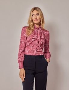 Pink & Red Paisley Satin Pussybow Blouse-preview5