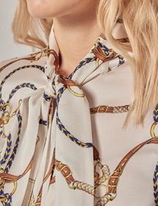 Cream & Gold Chains Satin Pussybow Blouse-preview1