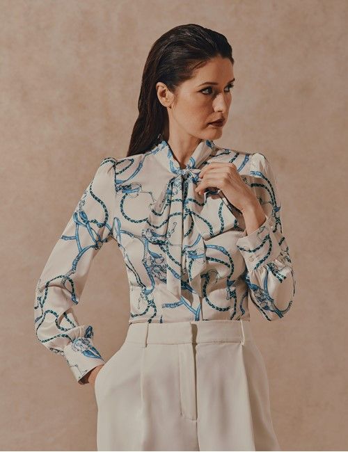 Cream & Blue Chains Satin Pussybow Blouse-preview