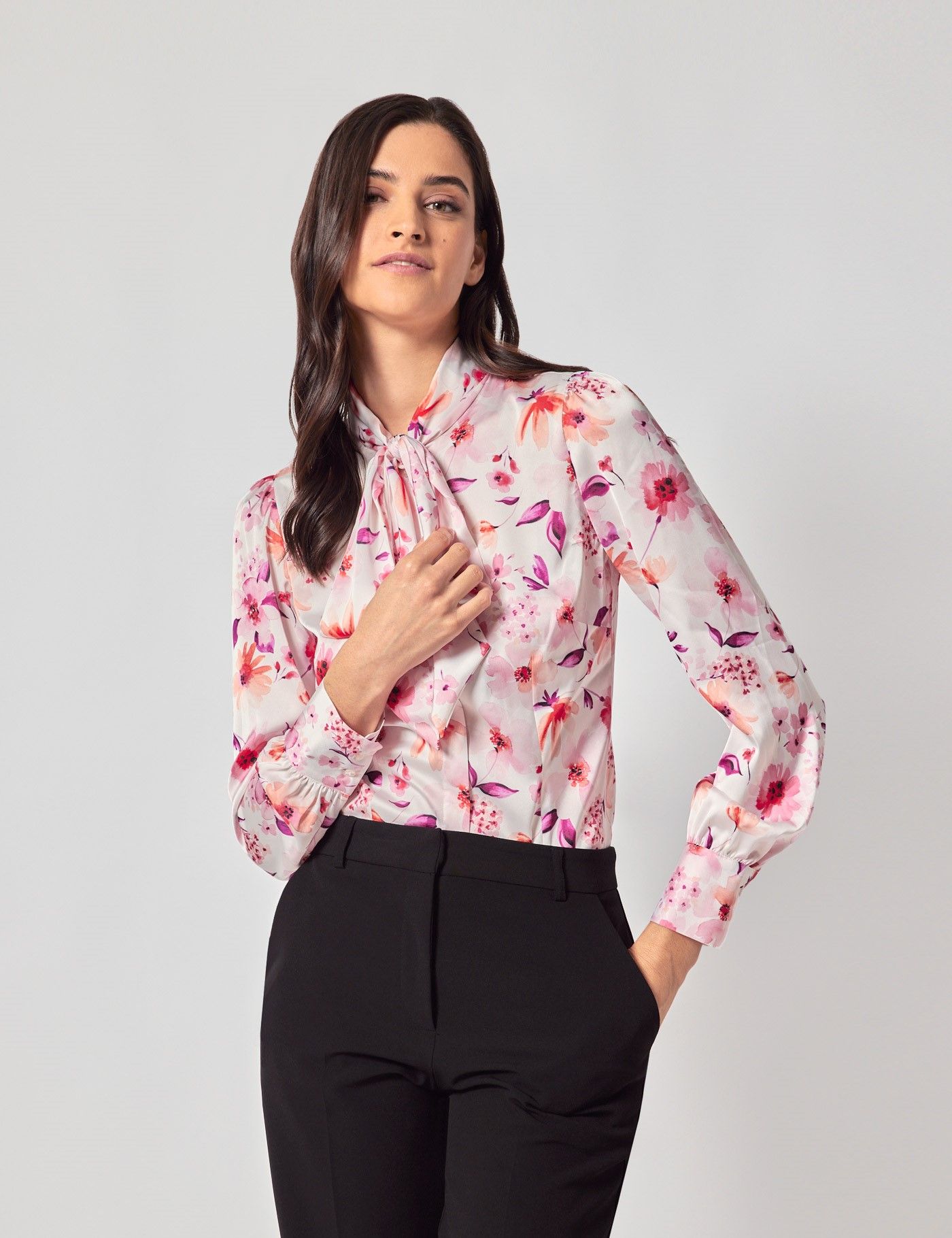 Women's White & Pink Floral Satin Pussybow Blouse | Hawes