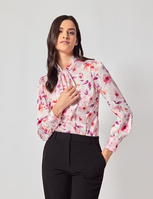 White & Pink Floral Satin Pussybow Blouse