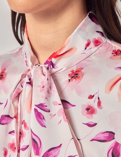 White & Pink Floral Satin Pussybow Blouse-preview