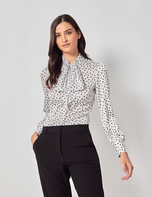 White & Black Spotted Satin Pussybow Blouse