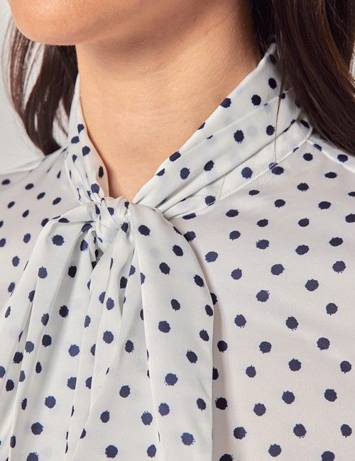 White & Black Spotted Satin Pussybow Blouse-preview