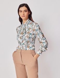 White & Gold Chains Pussybow Blouse