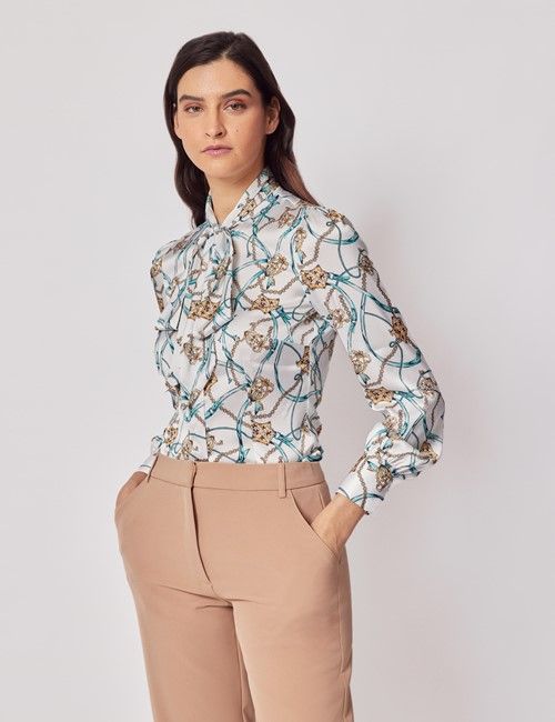 White & Gold Chains Satin Pussybow Blouse