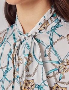White & Gold Chains Pussybow Blouse