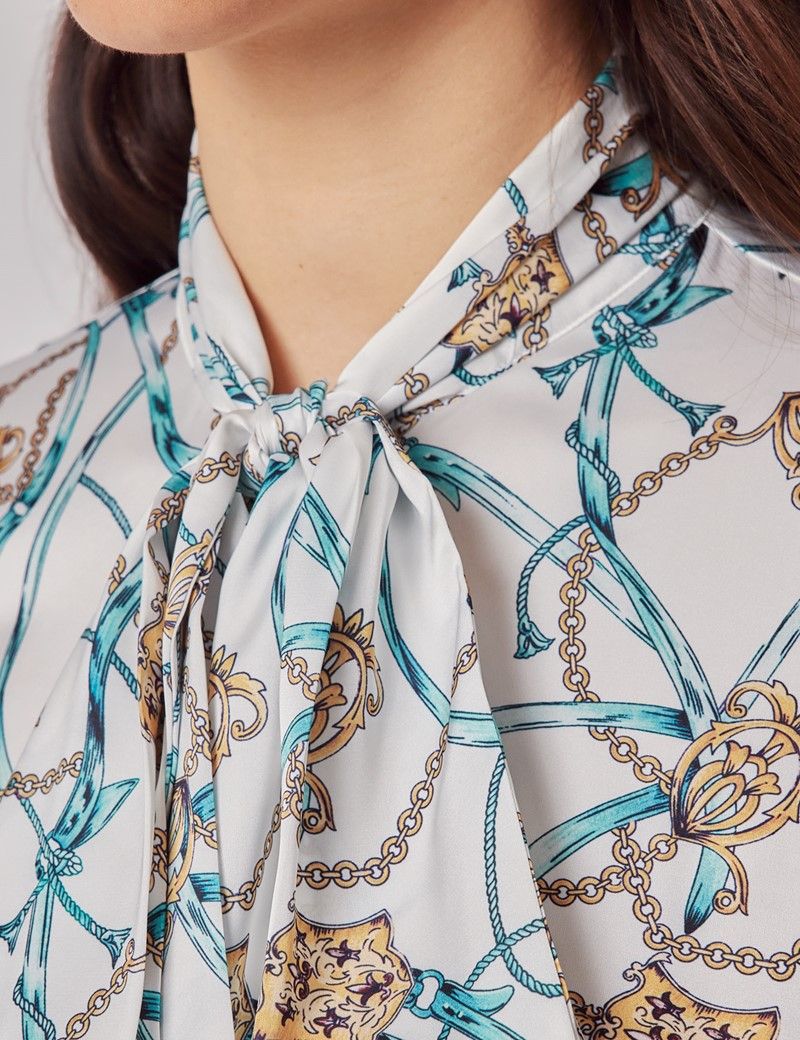 White & Gold Chains Pussybow Blouse-preview