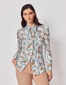 White & Gold Chains Pussybow Blouse