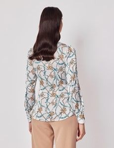 White & Gold Chains Pussybow Blouse