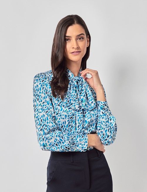 White & Blue Brush Strokes Satin Pussybow Blouse