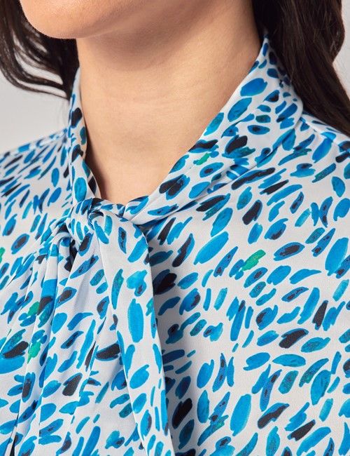 White & Blue Brush Strokes Satin Pussybow Blouse-preview