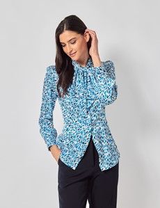 White & Blue Brush Strokes Pussybow Blouse