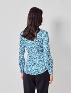 White & Blue Brush Strokes Pussybow Blouse