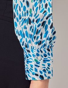 White & Blue Brush Strokes Pussybow Blouse