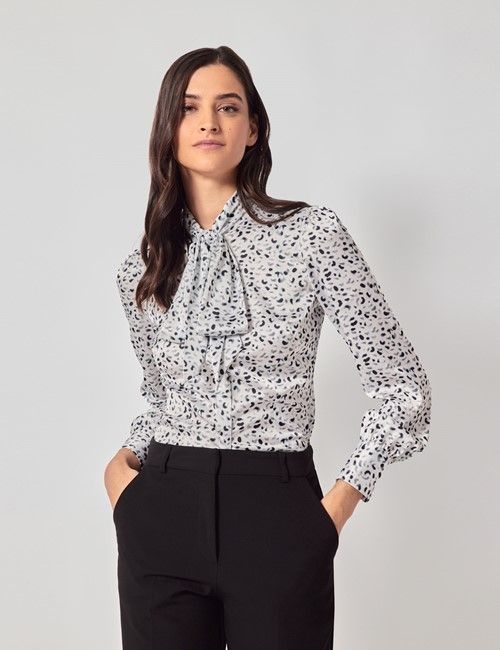 White & Black Leopard Satin Pussybow Blouse