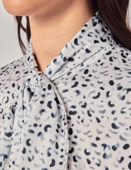 White & Black Leopard Satin Pussybow Blouse-preview