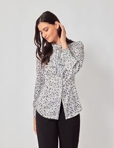 White & Black Leopard Pussybow Blouse