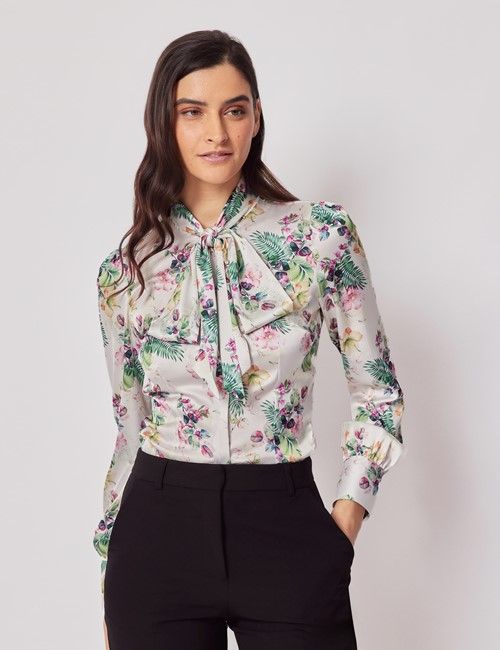 White & Green Floral Satin Pussybow Blouse