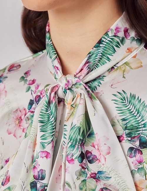 White & Green Floral Satin Pussybow Blouse-preview
