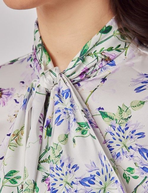 White & Purple Floral Satin Pussybow Blouse-preview