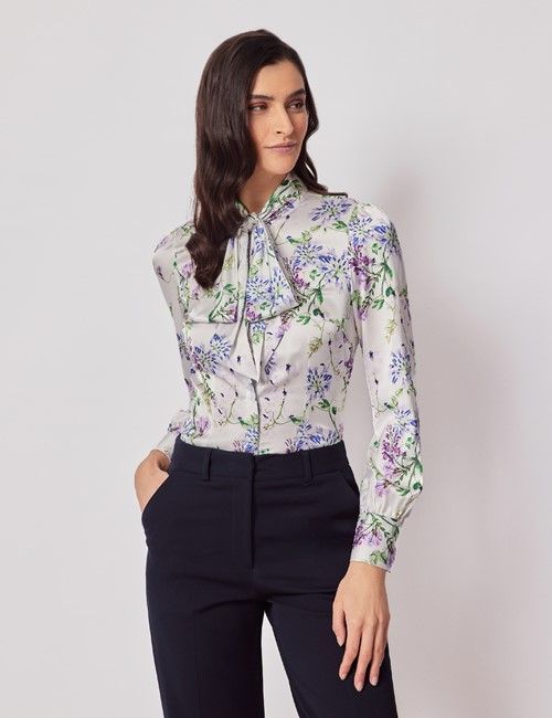 White & Purple Floral Satin Pussybow Blouse