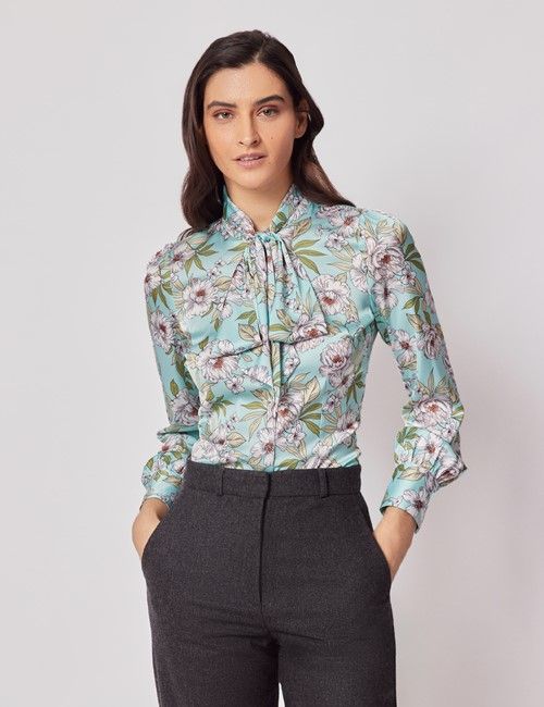 Green & White Floral Satin Pussybow Blouse