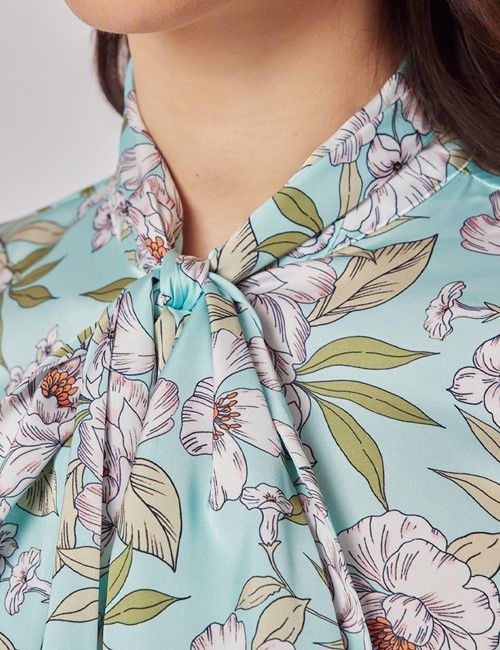 Green & White Floral Satin Pussybow Blouse-preview