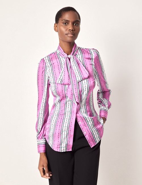 Pink & White Chain Stripe Satin Pussybow Blouse