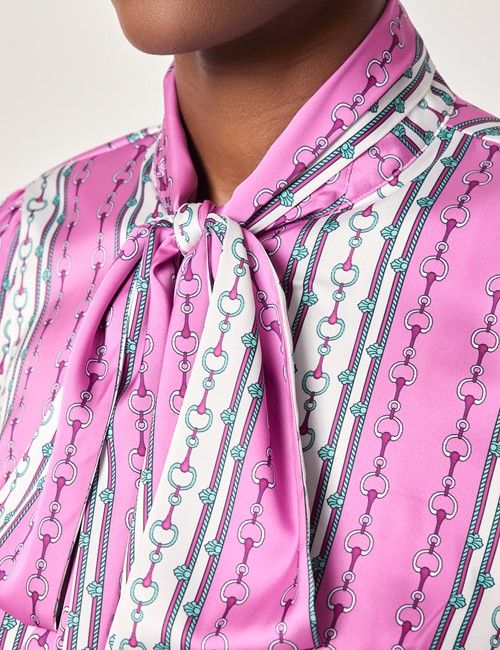 Pink & White Chain Stripe Satin Pussybow Blouse-preview