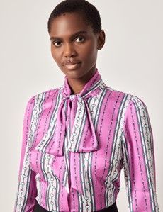 Pink & White Chain Stripe Pussybow Blouse