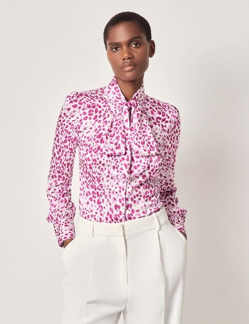 White & Pink Leopard Satin Pussybow Blouse