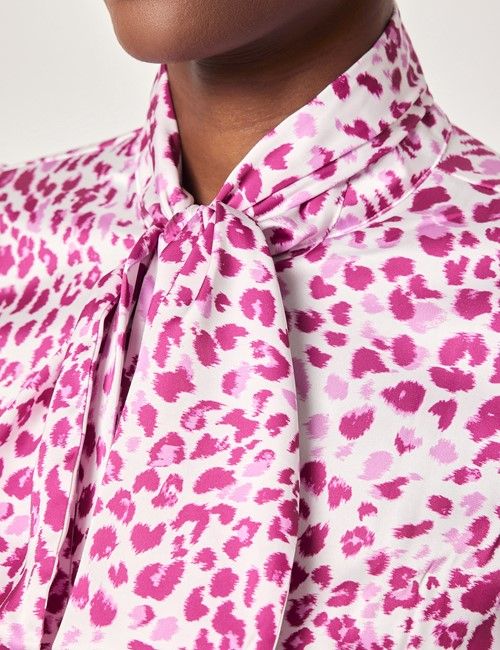 White & Pink Leopard Satin Pussybow Blouse-preview