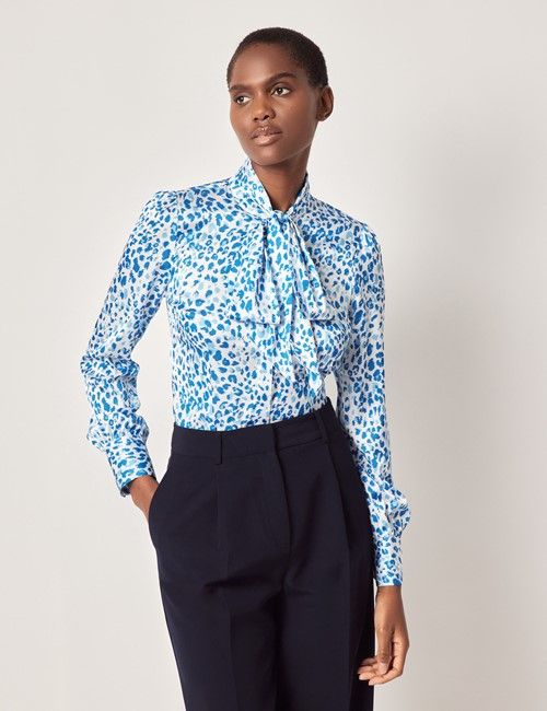 White & Blue Leopard Satin Pussybow Blouse