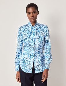 White & Blue Leopard Pussybow Blouse