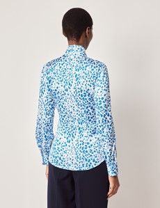 White & Blue Leopard Pussybow Blouse