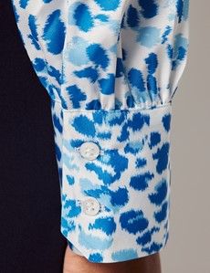 White & Blue Leopard Pussybow Blouse