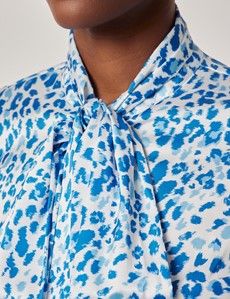 White & Blue Leopard Pussybow Blouse