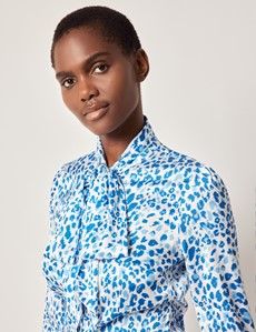 White & Blue Leopard Pussybow Blouse