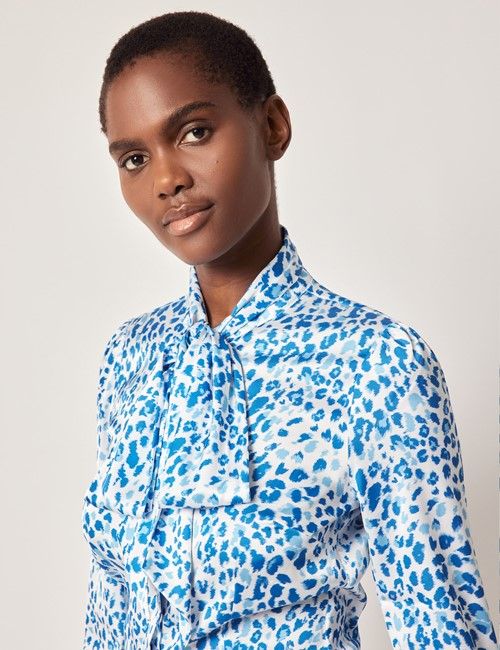 White & Blue Leopard Satin Pussybow Blouse-preview