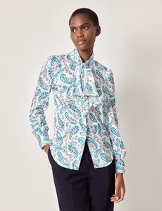 Blue & White Floral Pussybow Blouse