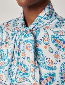 Blue & White Floral Pussybow Blouse