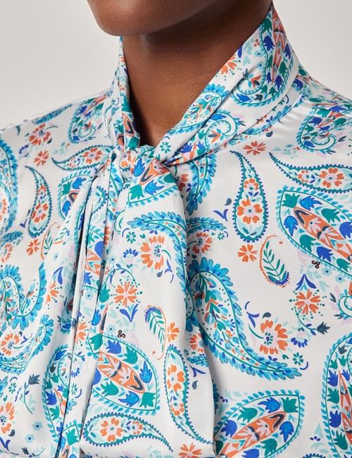 Blue & White Floral Satin Pussybow Blouse-preview