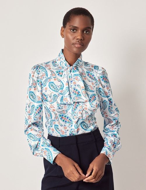 Blue & White Floral Satin Pussybow Blouse