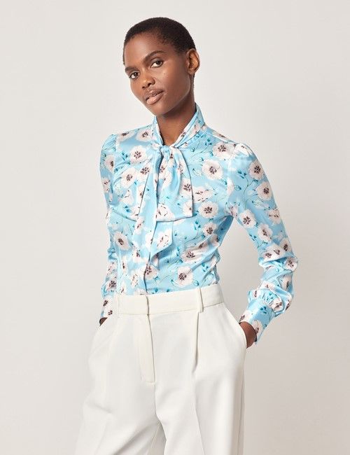 Blue & White Floral Satin Pussybow Blouse