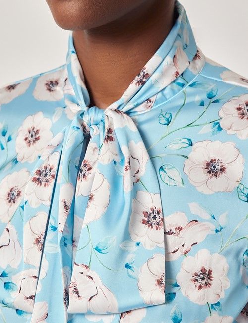 Blue & White Floral Satin Pussybow Blouse-preview