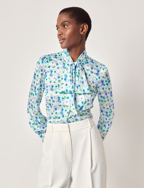 White & Purple Floral Satin Pussybow Blouse