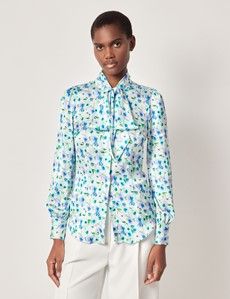White & Purple Floral Pussybow Blouse