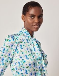 White & Purple Floral Pussybow Blouse