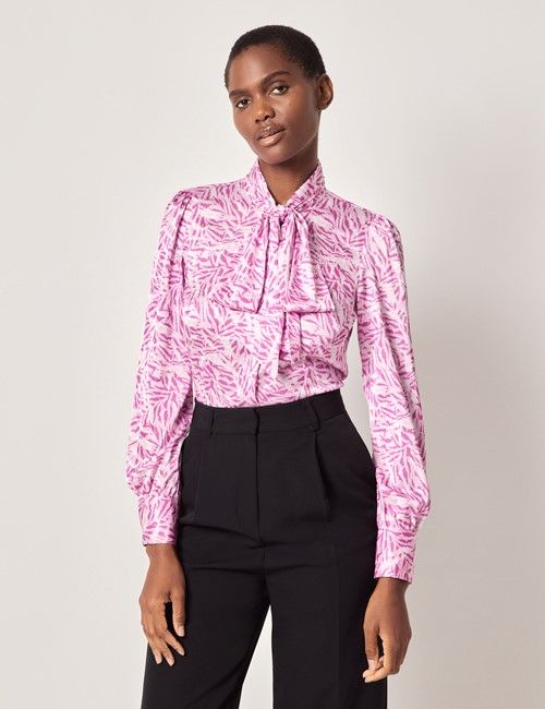 Pink & Purple Tiger Satin Pussybow Blouse